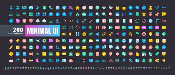 24x24 Pixel Perfect. Basic User Interface Essential Set. 200 Flat Gradient Color Icons. For App, Web, Print. Round Cap and Round Corner. Ready to use and Easy to Customize. Good for Dark Mode Theme.