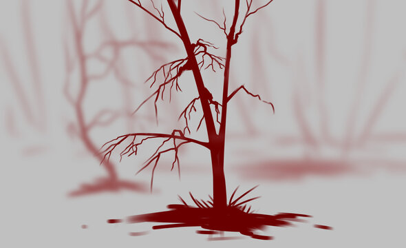 red trees on a gray background, trees without leaves, red tree silhouettes, swamp in the forest during fog