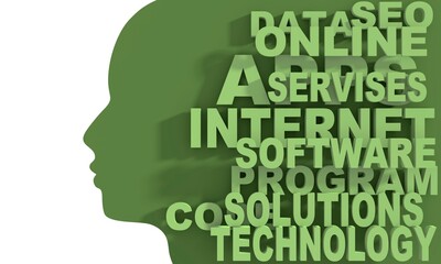 Silhouette of a male head and internet technology tags cloud