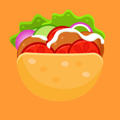 Falafel in a pita with vegetables. a tomato. onions, cucumbers and yogurt