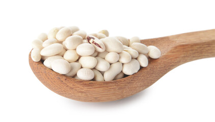 Spoon with raw beans on white background