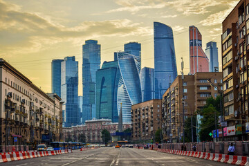Skyscrapers of the Moscow City Business Center at sunset