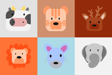 Cute simple animal portraits - cow, tiger, deer, lion, rat, elephant .Designs for baby clothes. Hand drawn characters. Vector illustration.