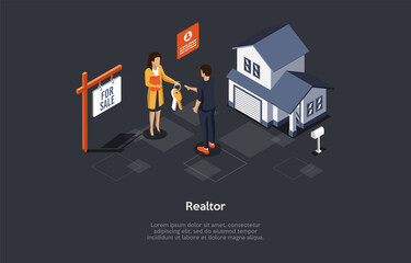 Isometric Composition On Dark Background. Vector 3D Illustration In Cartoon Style. Realtor Profession, Selling House Concept. Real Estate Business, Mortgage Contract. Suburban Building And Characters