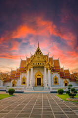 Sunset at The Marble Temple - Wat Benchamabophi in Bangkok, Thailand