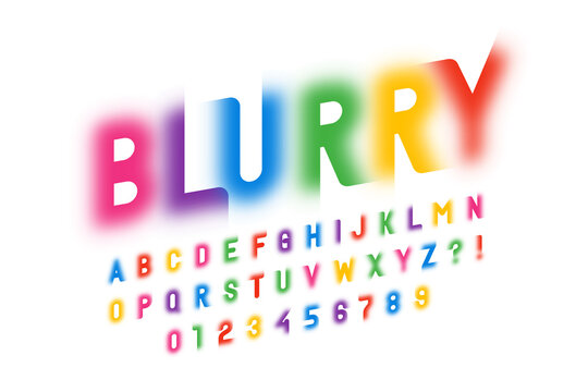 Colorful blurry style font, alphabet letters and numbers vector illustration