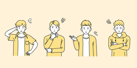 若い男性達　友達　若者　困る　悩む　不安　がっかり　大学生　イラスト素材