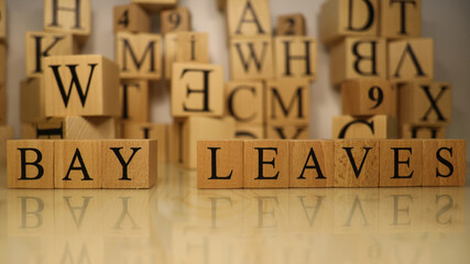 Bay leaves word created from wooden letter cubes. Gastronomy and spices.