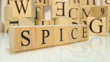 The word Spice was created from wooden letter cubes. Gastronomy and spices.