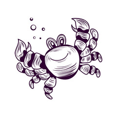 Cute smiling cartoon crab. Hand drawn vector. Isolated illustration on a white background.