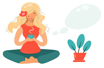 Obraz na płótnie Canvas Happy girl in lotus position drinks coffee in a cozy home environment. A cute blonde girl in an orange T-shirt starts the day with coffee and meditation. Yoga and recovery. Vector with speech bubble.