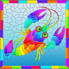 An illustration in the style of a stained glass window with a bright rainbow cancer, a rectangular image in a bright frame