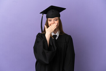 Young university graduate over isolated purple background happy and smiling covering mouth with hand