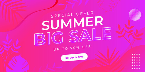 Naklejka na ściany i meble Colorful End of summer sale organic flat floral template for social media or flyer. Summer banner with floral gradient color background. Web banner template with floral foliage line element 