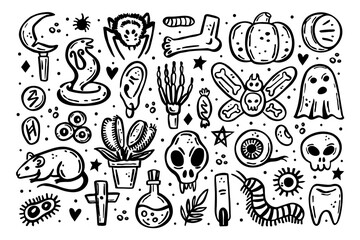 Black scary ink vector Halloween illustration. Skull, druid knife, insect, ghost, rat, poison, eye, pumpkin, bone, cross, spider, rune, tooth, herb, death, danger. Isolated on white background.
