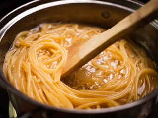 Raw spaghetti is being cooked in boiling water in a kitchen pot. Healthy Italian Food and Cooking...
