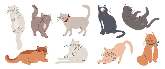 Cute and funny cats doodle vector set. Cartoon cat or kitten characters design collection with flat color in different poses. Set of purebred pet animals isolated on white background. © TWINS DESIGN STUDIO