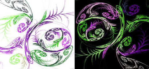 The purple and green stems of the plant are twisted in a spiral to create a pattern on a white and black backgrounds. Two in one. Set of abstract fractal backgrounds. 3D rendering. 3d illustration.