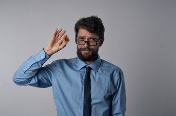 emotional business man with cryptocurrency bitcoin finance economy