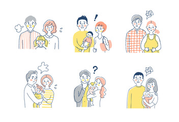 複数の若い家族　困った表情　上半身　セット