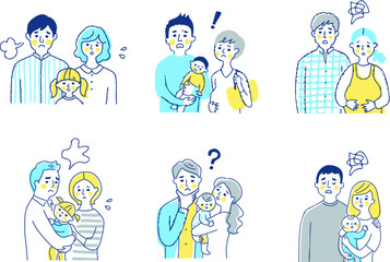 複数の若い家族　困った表情　上半身　セット