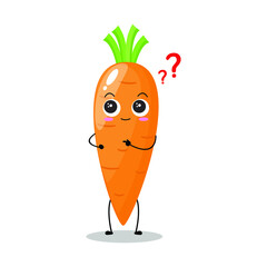 Vector illustration of carrot character with cute expression, curious, happy, funny, carrot isolated on white background, simple minimal style, vegetable for mascot collection, emoticon, kawaii