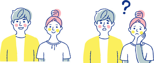 若いカップル　笑顔と困った表情