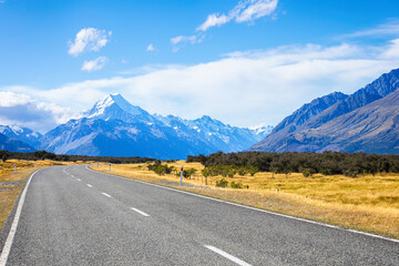 Fototapeta premium Mount cook viewpoint with the lake pukaki and the road leading to mount cook village in South Island New Zealand.