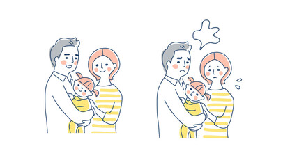 3人家族　笑顔と困った表情