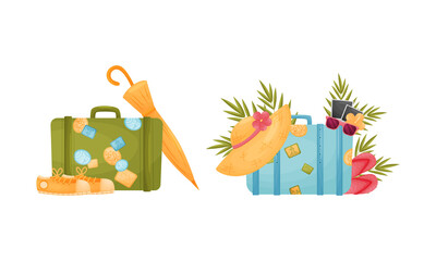 Travel Suitcase and Trunks with Stickers and Vacation Symbols Vector Set