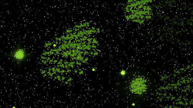 Fireworks from green balls. Realistic animation. Festive fireworks with loop seamless. Dynamic fireworks in 4K. Abstraction of seric fireworks in the night sky.