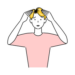 ヘアケア 毛染から数日後 髪の根元の黒髪が目立つようになり困り顔の男性 イラスト シンプル ベクター