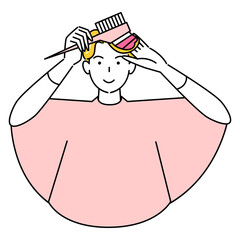 ヘアケア セルフカラー コームで毛先をピンク色に染めている可愛い男性 イラスト シンプル ベクター