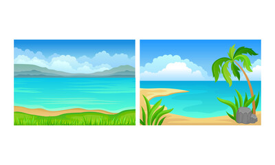 Landscape Panorama View with Sea Shore and Palm Tree Vector Set