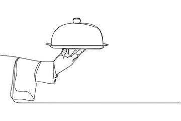 Continuous one line of handsome waiter with tray in silhouette on a white background. Linear stylized.Minimalist.