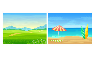 Fototapeta na wymiar Landscape Panorama View with Sea Shore and Green Meadow Vector Set