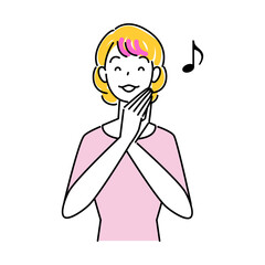 ヘアケア ヘアカラーで毛先をピンク色に染めて喜んでいる笑顔の可愛い女性 イラスト シンプル ベクター