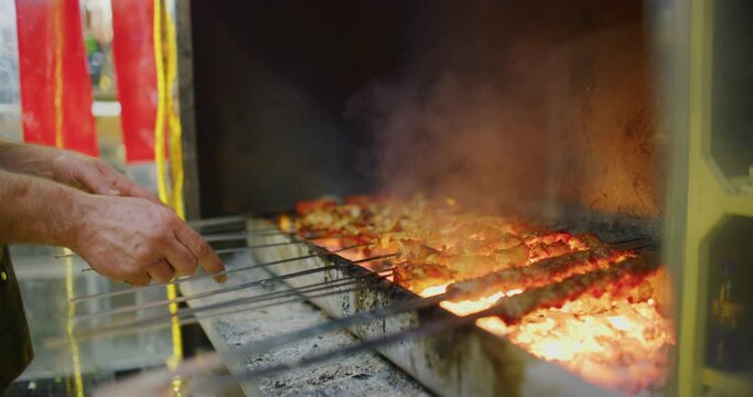 Slow Motion 60 fps Shot of Meat Barbecuing at Iskan Street in Erbil, Iraq