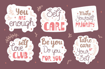 Set of stickers about self care and love. Collection of trendy lettering pieces with flower and leaves decorations. Pastel feminine colors. Pretty doodle designs.