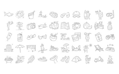 Summer vacation icon set. Hand drawn illustration. Contains icons such as beach, wave, cockatoo, surfing, bbq, hotel and more.