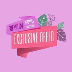 Exclusive Offer Banner for Social Media Lavender Background Green and Purple Autumn Leaves. Premium discount Offer. 
