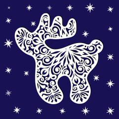 Christmas stencil in the form of a carved deer with an openwork pattern. Vector