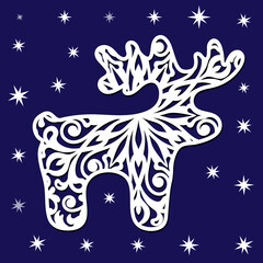 Christmas stencil in the form of a carved deer with an openwork pattern. Vector