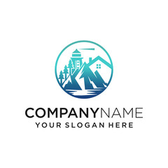 Villa Resort Mountain Beach Lighthouse Logo Template Stock Vector
