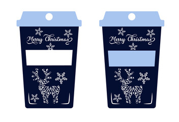 Stencil for cutting. Coffee cups with fishnet deer and inscription Merry Christmas.
