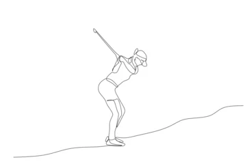 Foto auf Acrylglas Continuous line drawing of young woman playing golf. Single one line art concept of professional golfer holding stick to hit ball. Vector illustration © riz