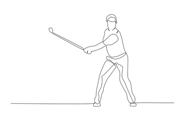 One continuous line drawing of young golf player swing golf club and hit the ball. Leisure sport concept. Dynamic single line draw design vector illustration graphic for tournament promotion media.