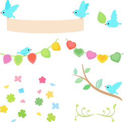 小鳥と葉のデコレーションイラストセット