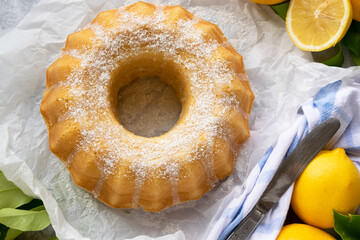 Traditional homemade lemon cake, fresh summer baking items