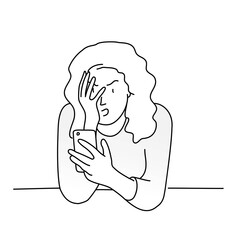 Young woman reads message on smartphone with expression of shock.